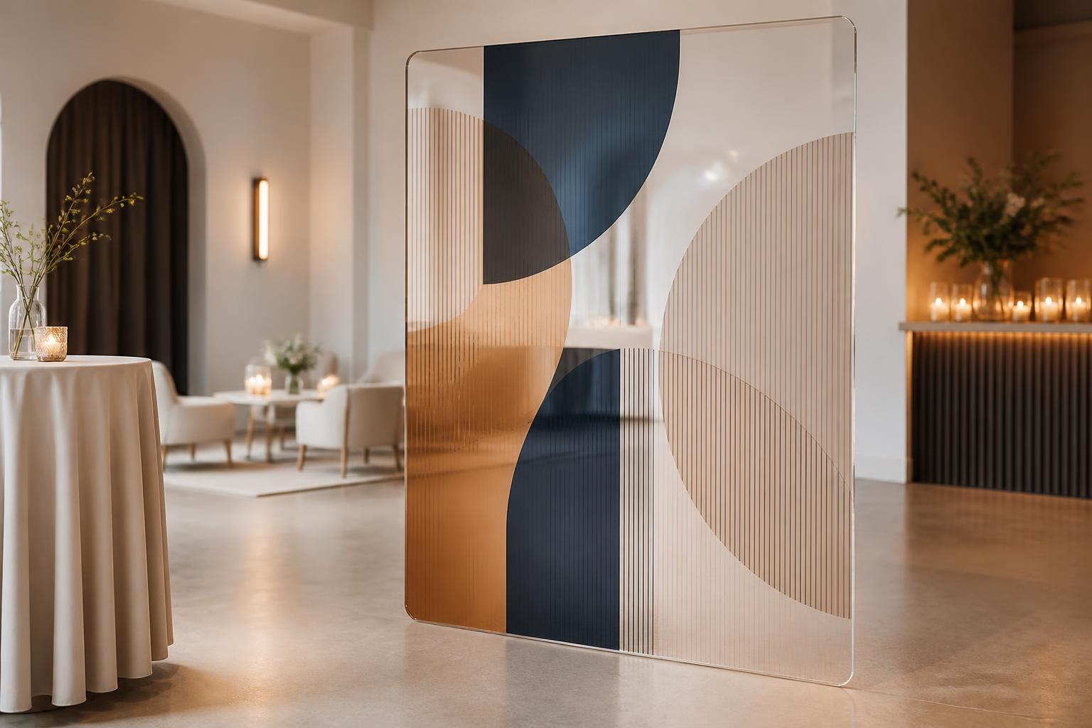 Large acrylic panel with an abstract graphic organizing a neutral event interior