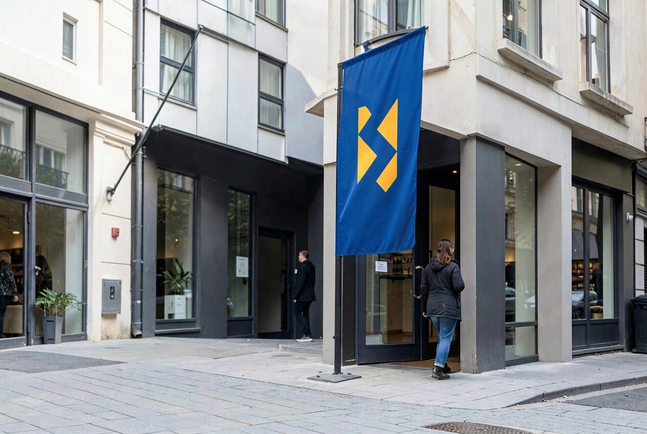 Tall custom flag with cobalt-and-saffron abstract artwork near a storefront entrance.