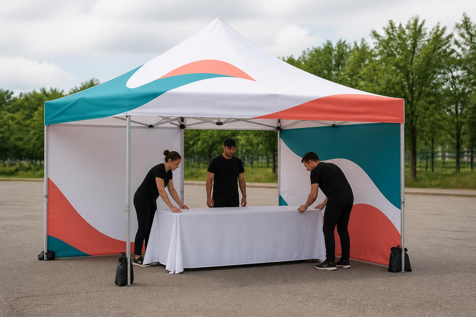 Open custom canopy tent with abstract artwork creating an event booth.