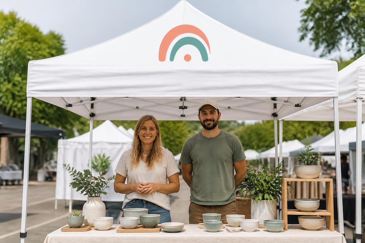 Custom canopy tent with coral-and-teal abstract artwork in use at an outdoor community market.