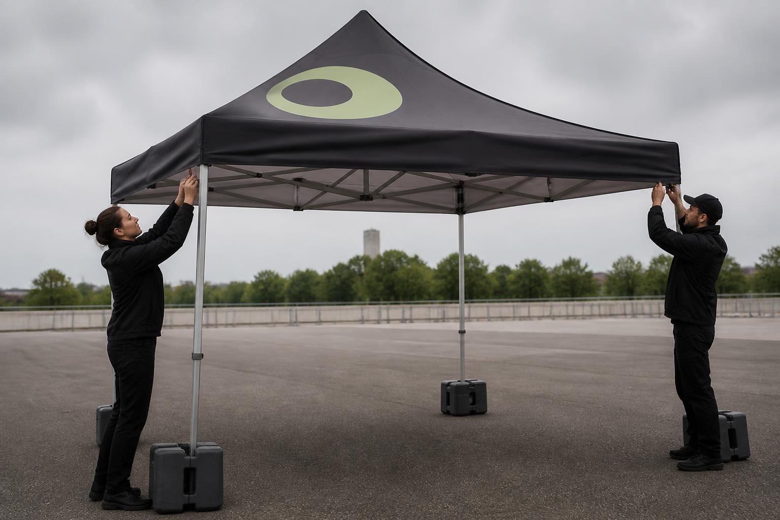 Two adults setting up a custom canopy tent with an abstract circle graphic.