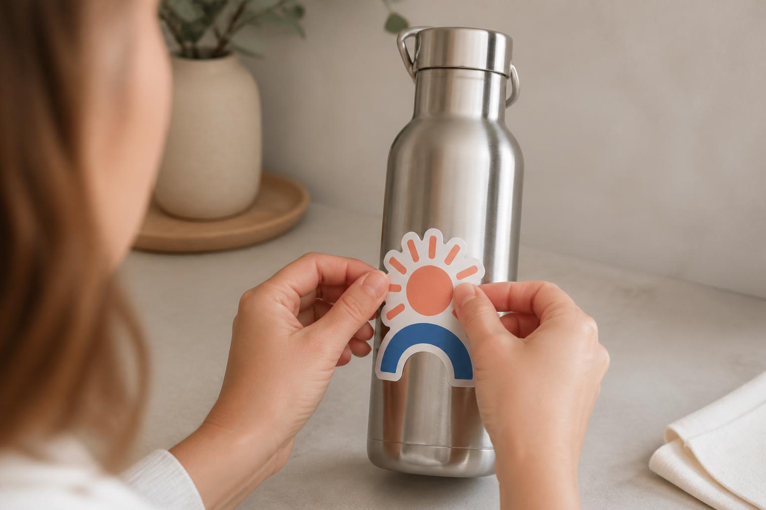 Person smoothing a die-cut sticker with an abstract sun-and-arc mark onto a plain metal bottle.