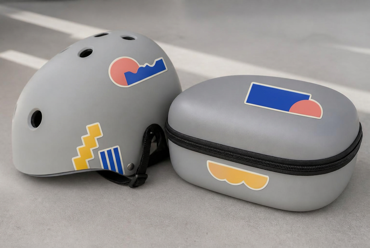 Die-cut stickers with abstract marks applied to a blank helmet and smooth reusable case.