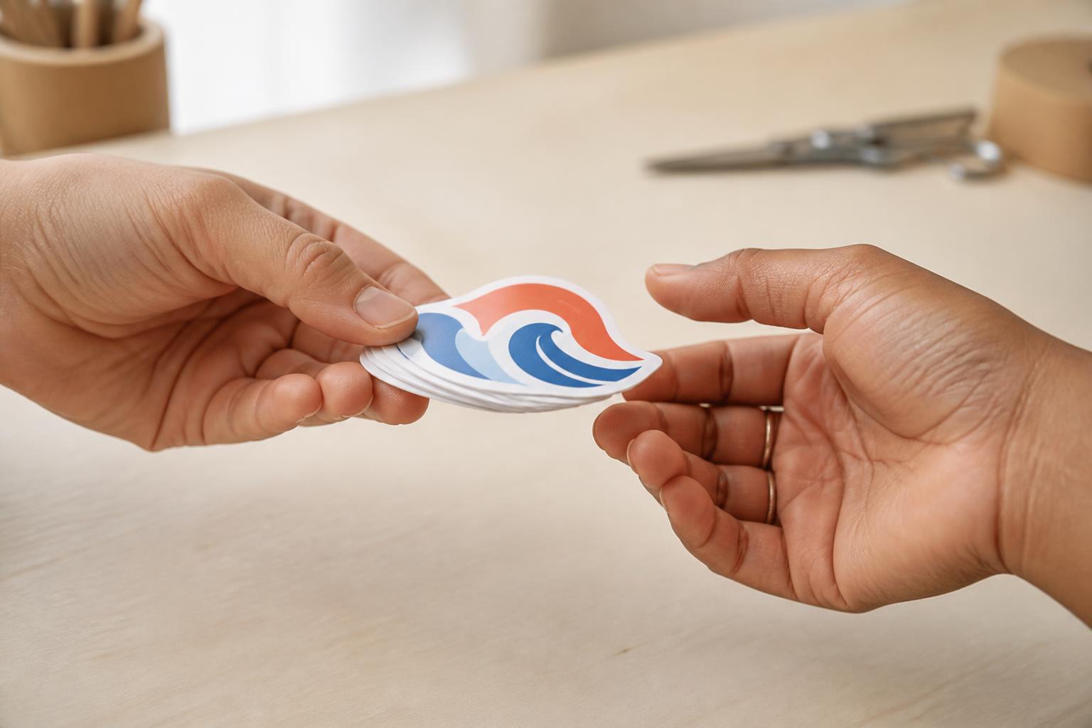 Hands passing individually cut die-cut stickers with coral and cobalt abstract wave artwork.