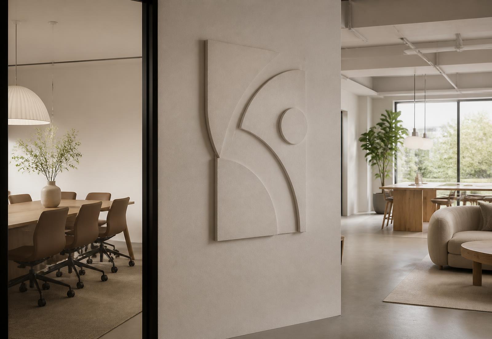 Unbranded raised graphic form on a calm conference and shared workspace wall