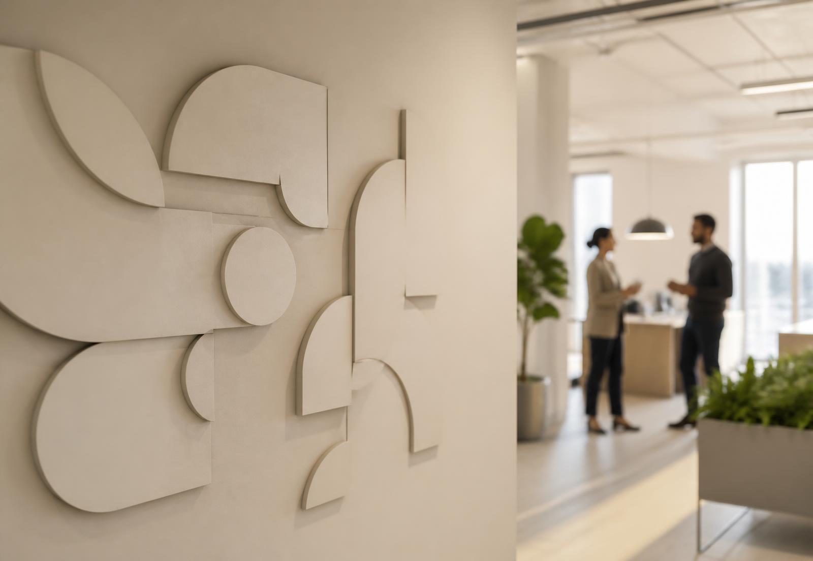 Unbranded raised wall form in the foreground of an office arrival area with two people softly out of focus in the background