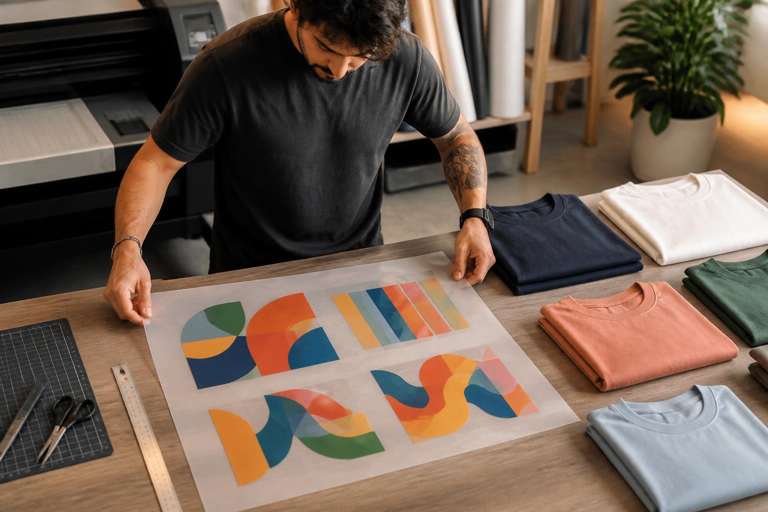 Apparel decorator arranging a DTF gang-sheet layout with abstract transfer designs beside blank garments.