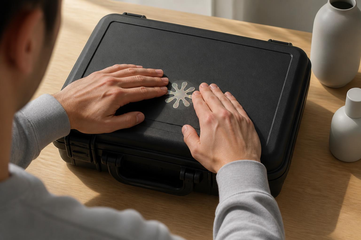 Person smoothing a holographic sticker with an abstract coral starburst mark onto a blank hard case.