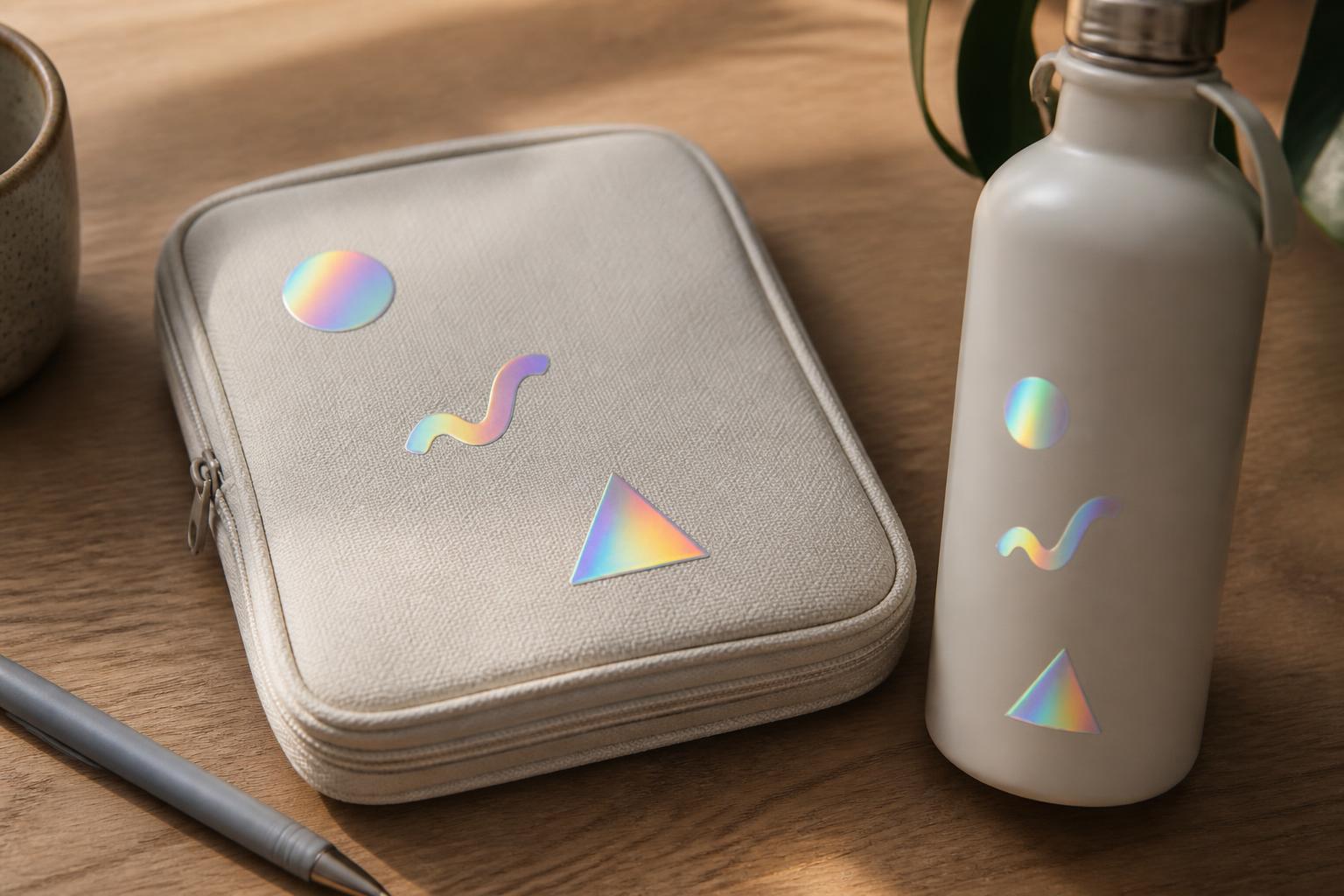 Three holographic stickers with abstract shapes on a blank sketch case and smooth water bottle.