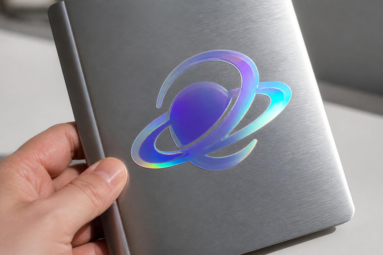 Hand tilting a plain metal notebook cover with a holographic sticker featuring an abstract violet and cyan orbit mark.