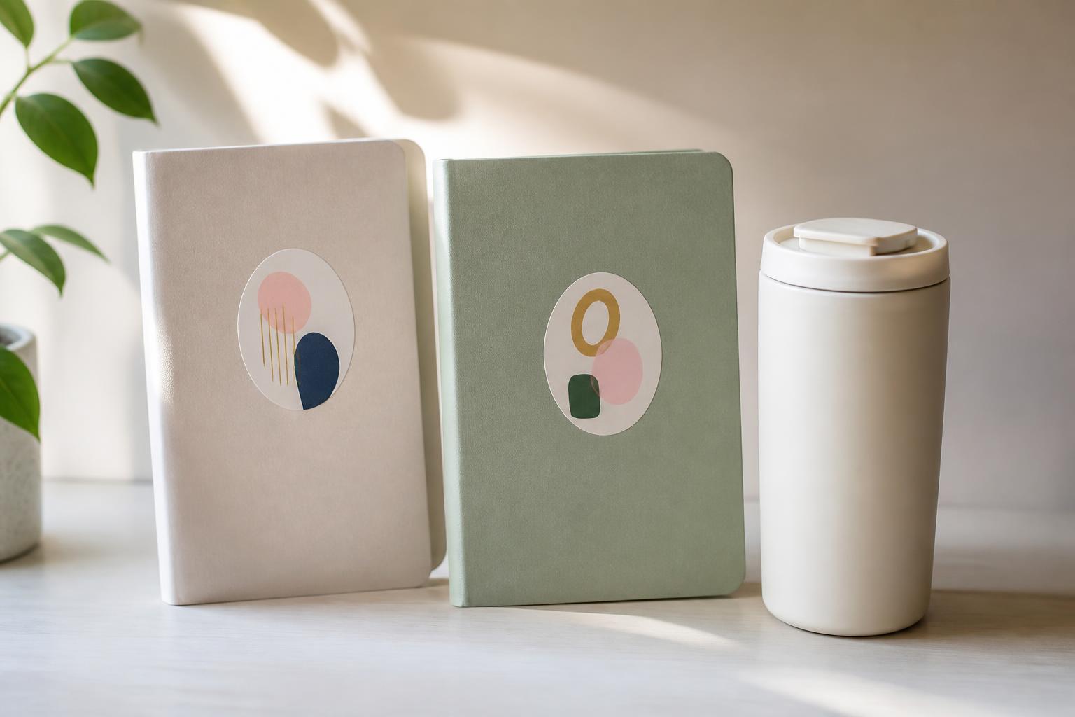 Oval stickers with abstract marks applied to blank notebooks and a smooth travel mug.