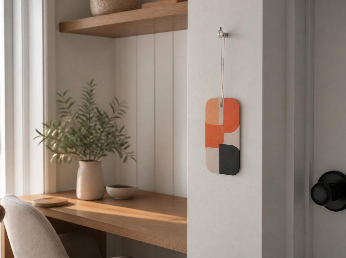 Unbranded abstract-design hanging air freshener in a calm home workspace entry.