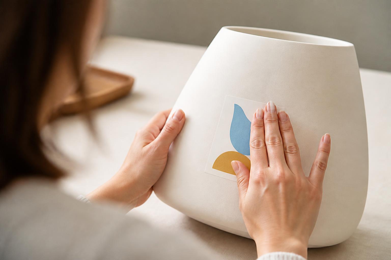 Hand smoothing a rectangular sticker with an abstract blue and ochre mark on a blank ceramic vessel.
