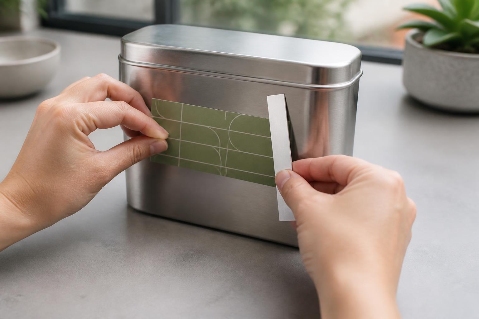 Person aligning a rectangular sticker with an abstract green grid mark on a blank metal container.