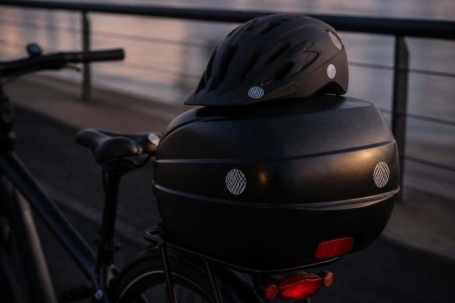 Reflective stickers with abstract circle and line marks on a blank helmet and rear storage case in low light.