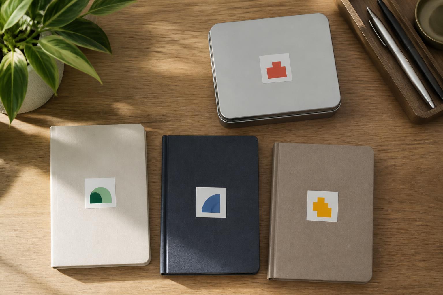 Square stickers with abstract color-block marks aligned on blank notebooks and a plain metal tin.