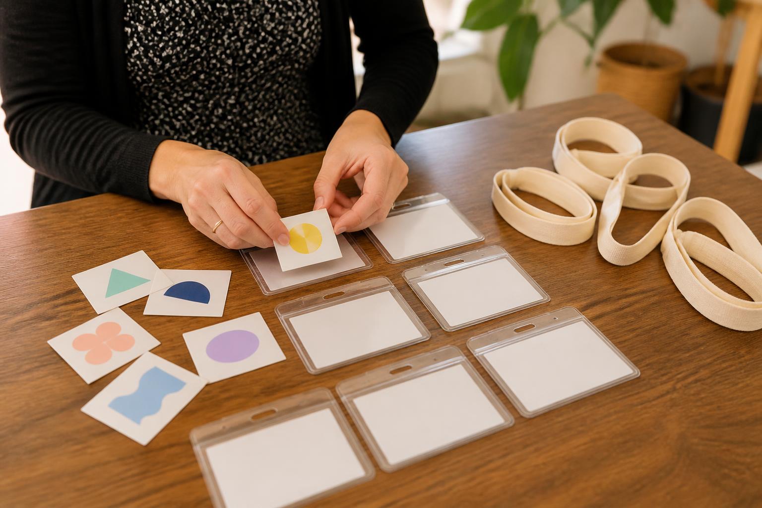 Person arranging square stickers with abstract marks on blank reusable holders and fabric wristbands.